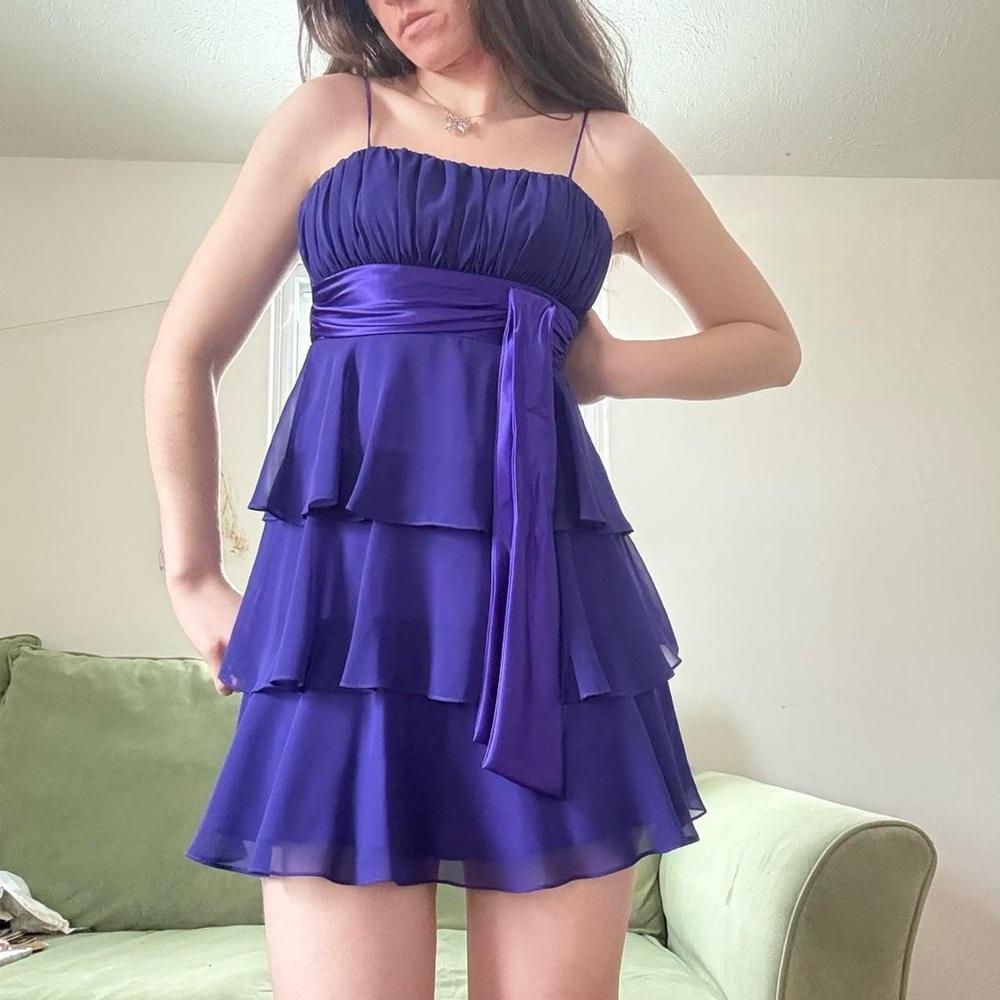 Y2K Vintage Mini Mesh Tiered Dollar Brand Violet Spaghetti Strap Mini Dress